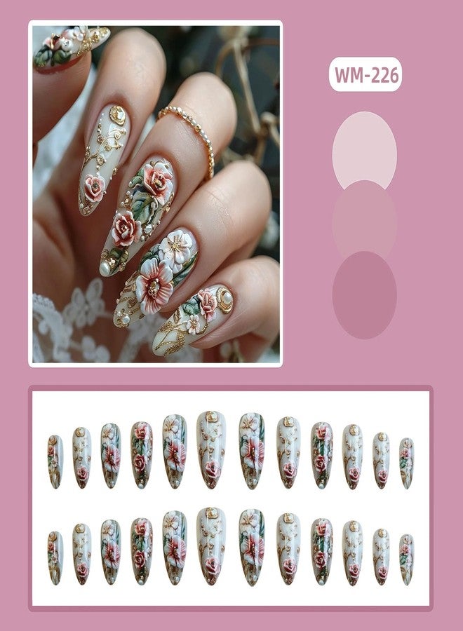 CJDLTS Flower Press on Nails Medium Length Almond Tip Acrylic Fake Nail Full Cover Glossy Floral Stick on Nails Peony Flower Pattern Design Artificial Fingernails 24Pcs DIY Glue on Nails for Women - Image 2